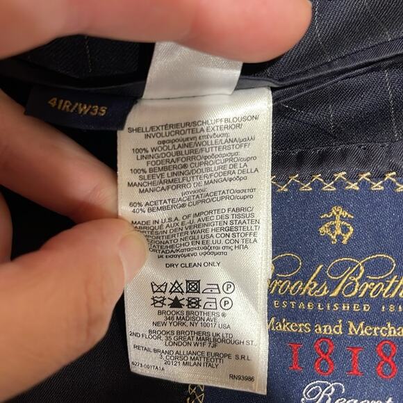 Brooks Brothers Navy Pinstripe Men's Wool Blazer Italian Fabric Size 41R - Picture 10 of 10